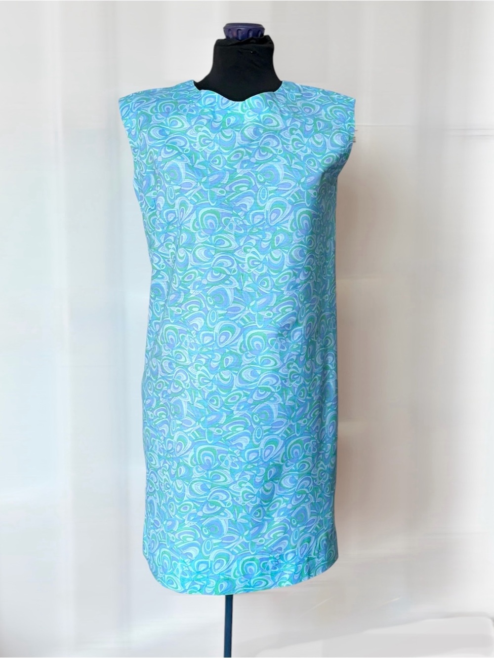 1960s Shift Dress Sleeveless Mini Blue Psychedelic Pattern Deadstock Condition
